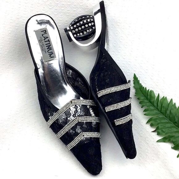 Platinum Collection by Jade Black Lace Diamond Heel Mules - Picture 1 of 15